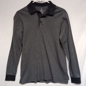 Lands End Polo Shirt Mens Small (34-36) Black Gingham Pattern Long Sleeve